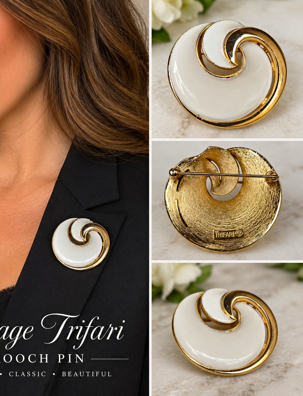 Vintage Trifari White Enamel Gold Tone Swirl Brooch Pin Signed MCM Retro